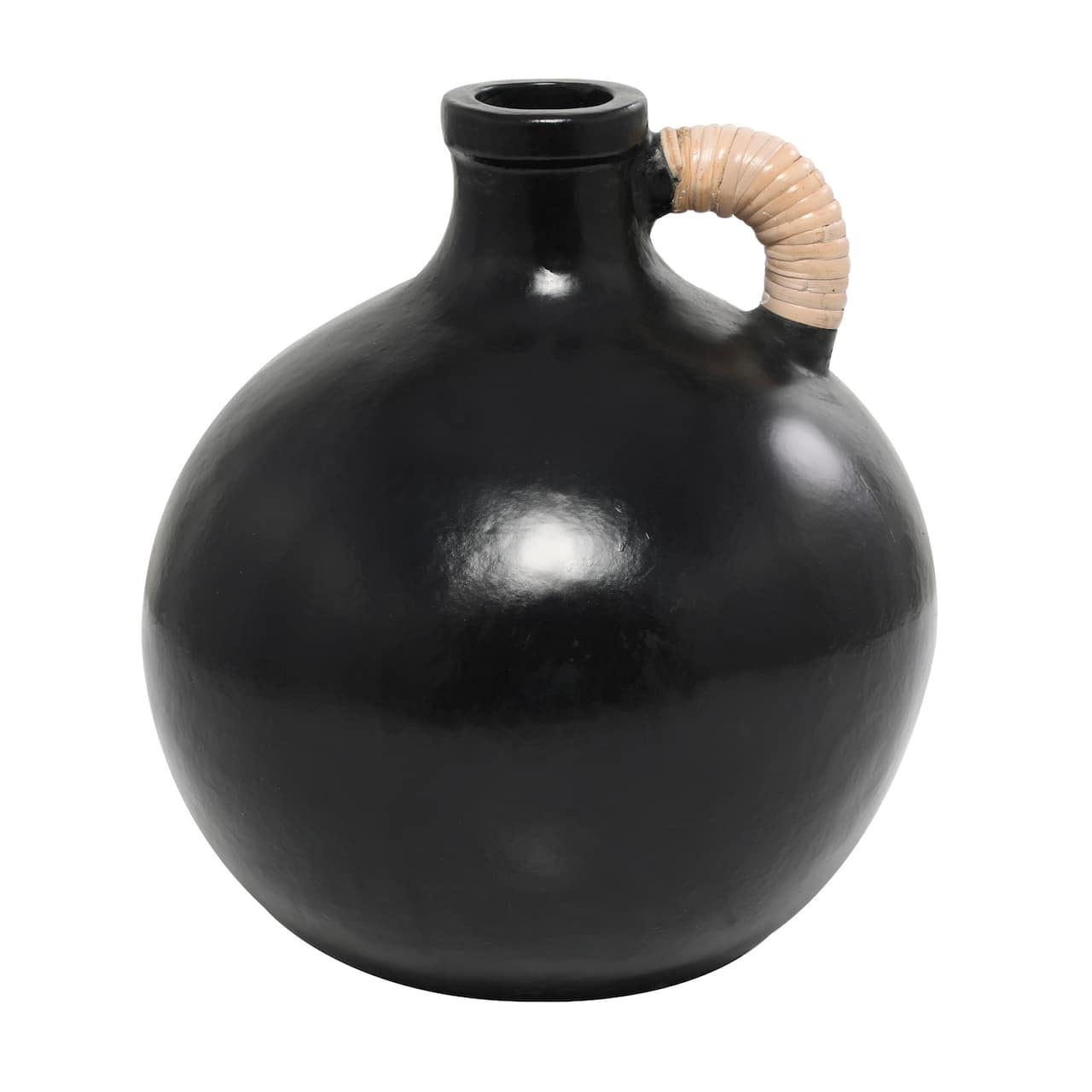 13" Black Ceramic Jug Inspired Vase with Rattan Wrapped Handle